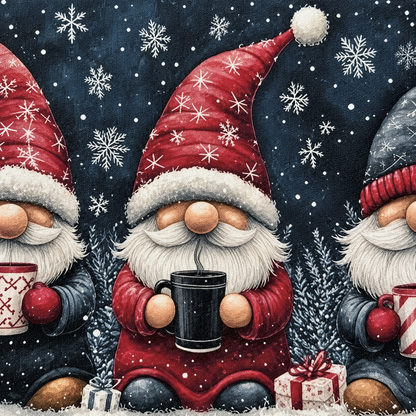 Close-up of the printed gnome with a red hat, white beard and black mug on the navy Christmas door mat