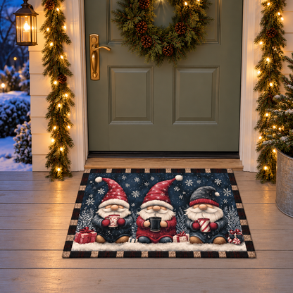 Christmas gnome door mat on a front porch in the evening, lit by a warm lantern and fairy lights