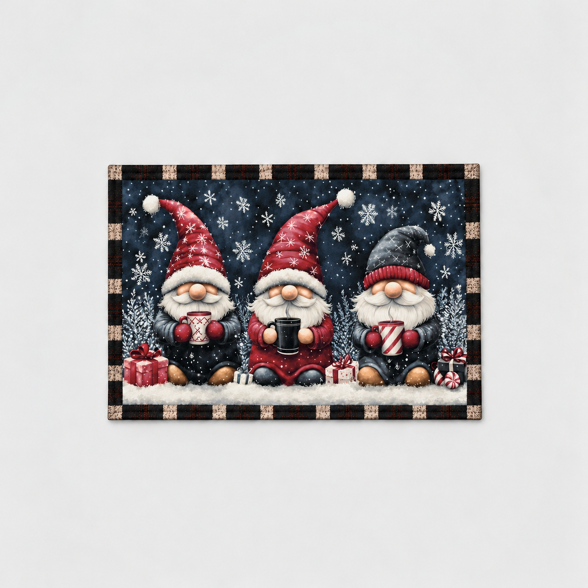 Large Christmas gnome door mat with three gnomes and snowflakes on navy, on a light gray background