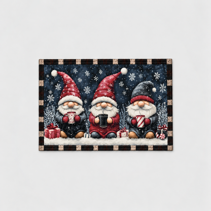 Large Christmas gnome door mat with three gnomes and snowflakes on navy, on a light gray background