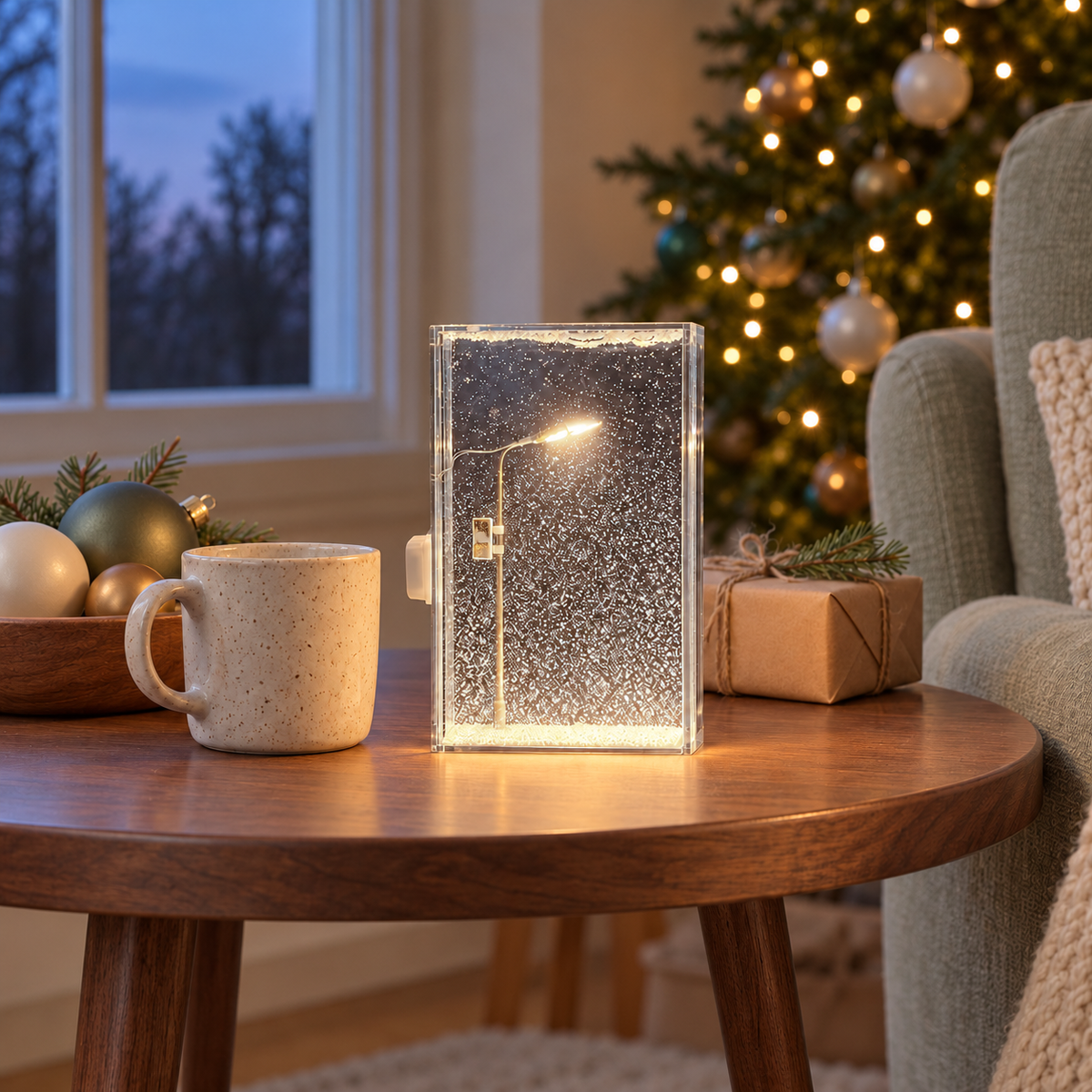 Snowfall night light glowing warm white on a walnut side table at dusk, with fir, baubles and a lit Christmas tree behind