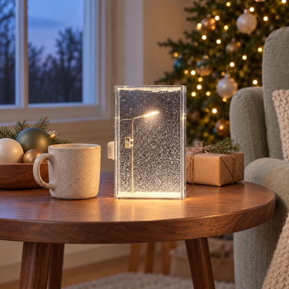 Snowfall night light glowing warm white on a walnut side table at dusk, with fir, baubles and a lit Christmas tree behind