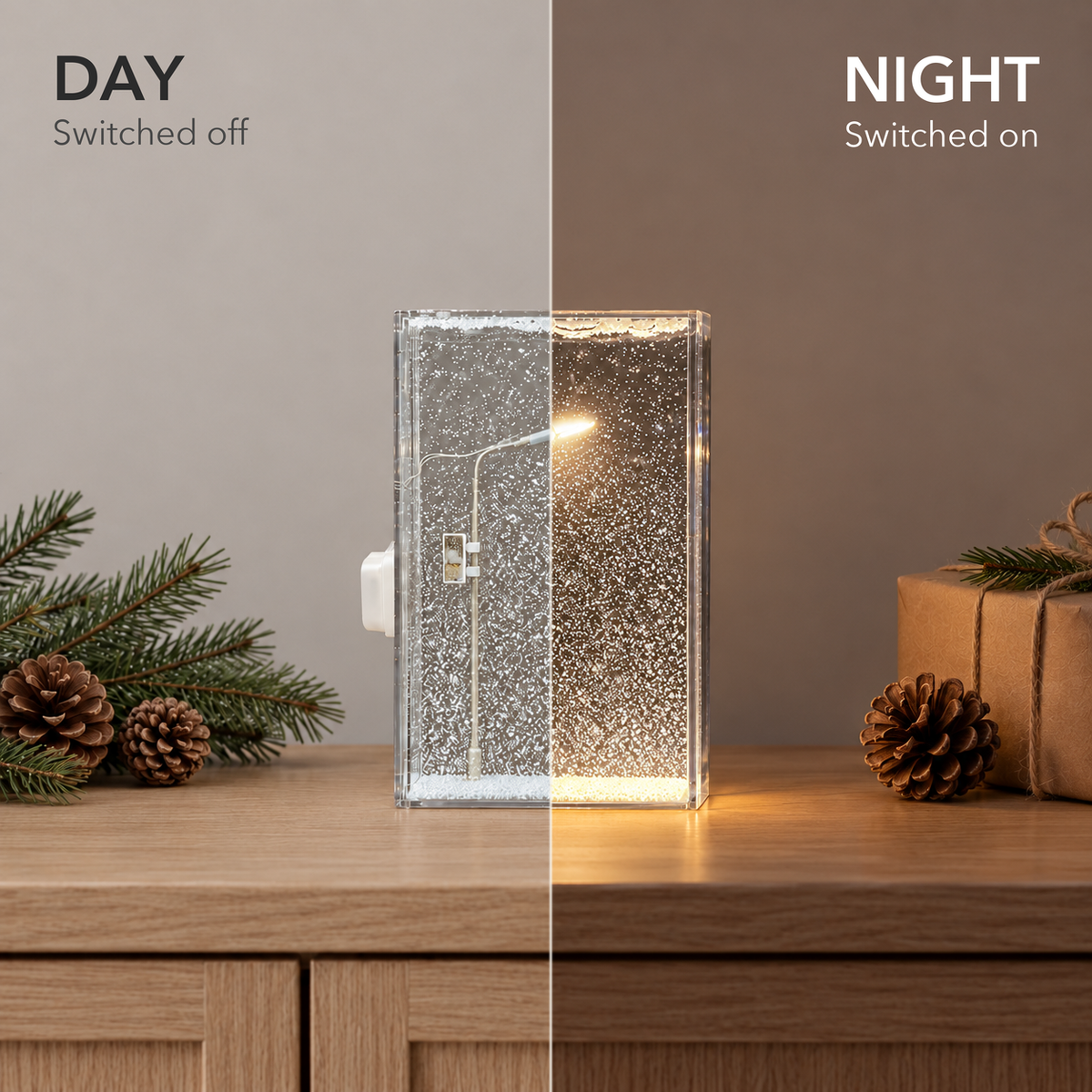 The same snowfall night light on an oak sideboard, switched off in daylight on the left and lit warm in the evening on the right