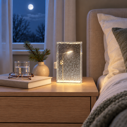 Snowfall night light glowing softly on an oak bedside table beside linen bedding at night