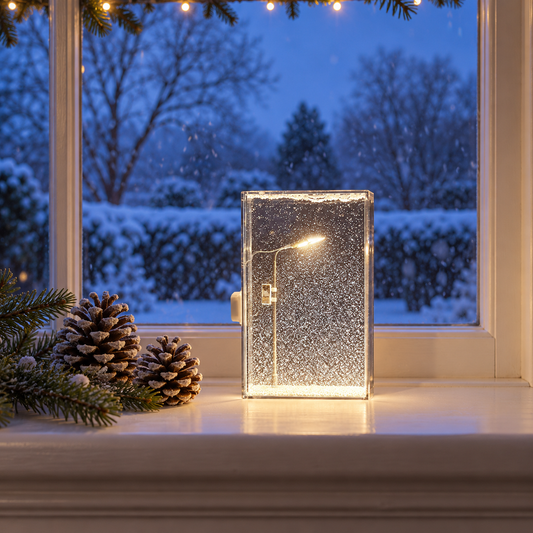 Snowfall night light lit on a white windowsill at blue hour with snow falling in the garden outside