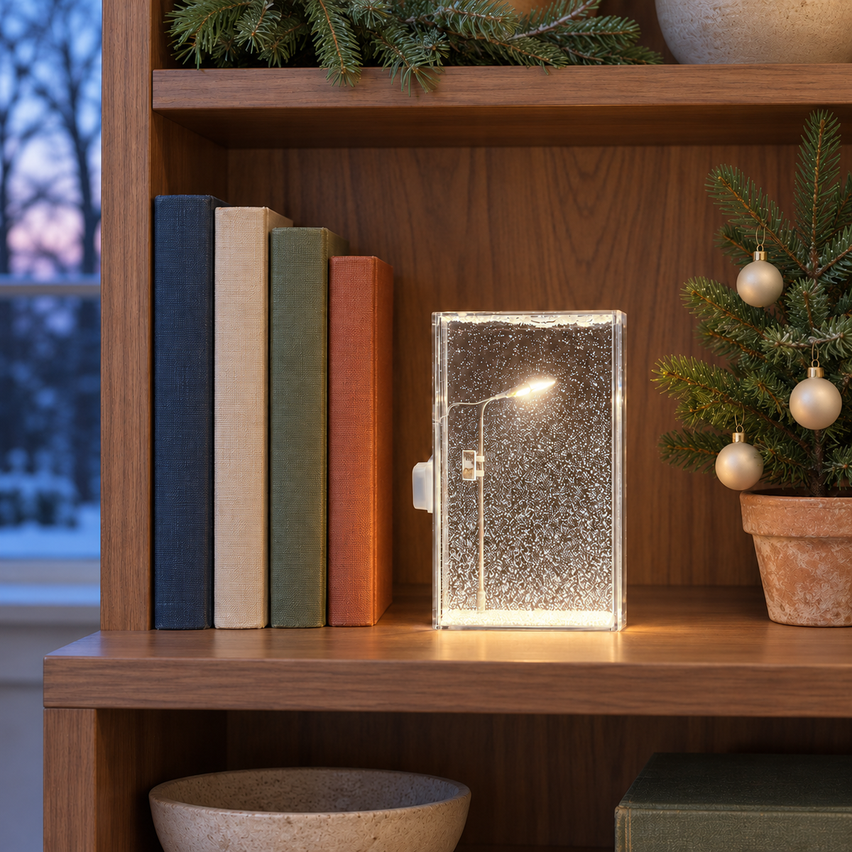 Snowfall night light glowing on a walnut bookshelf in a study at dusk beside books and a small potted fir