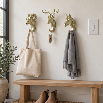 Gold ram, deer and horse head wall hooks above an entryway bench holding a canvas tote, a set of keys and a gray scarf