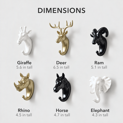 All six animal wall hooks side by side with their sizes, the deer the largest and the elephant the smallest