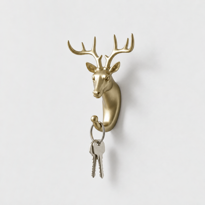 Close-up of a gold deer head wall hook with a key ring hanging in its curled hook