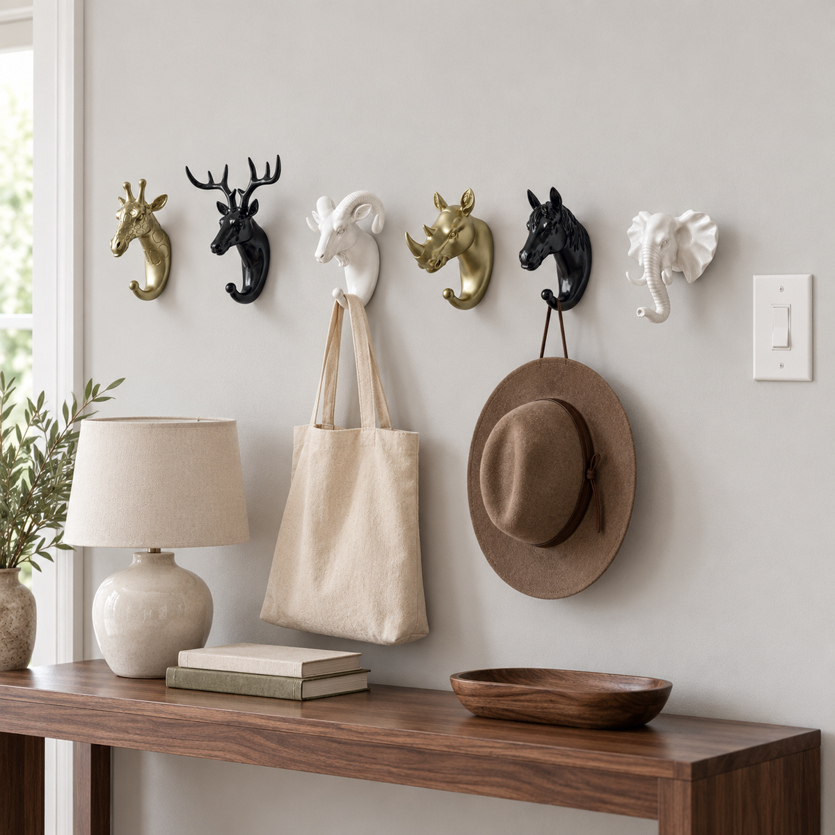 Six animal head wall hooks in gold, black and white in a row along a hallway wall above a console table
