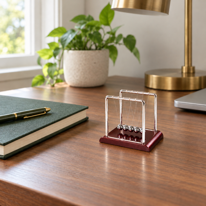 Newton's cradle with five polished steel balls on a wine red base, sitting on a walnut desk beside a notebook