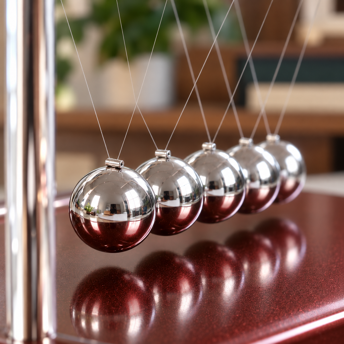 Close-up of five polished steel balls hanging on fine threads above a glossy wine red base