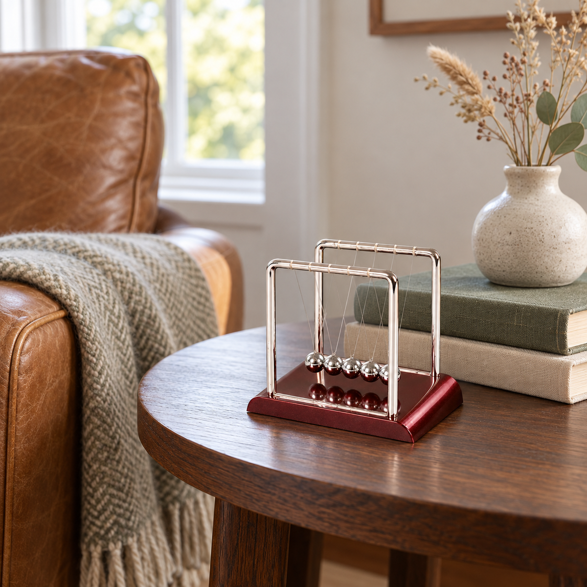 Newton's cradle with a wine red base on a side table next to a reading chair and a stack of books