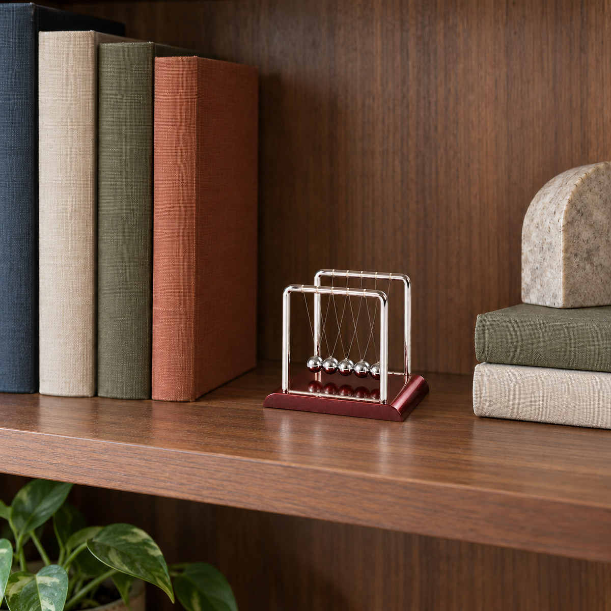 Newton's cradle with steel balls on a wine red base standing on a bookshelf between rows of books