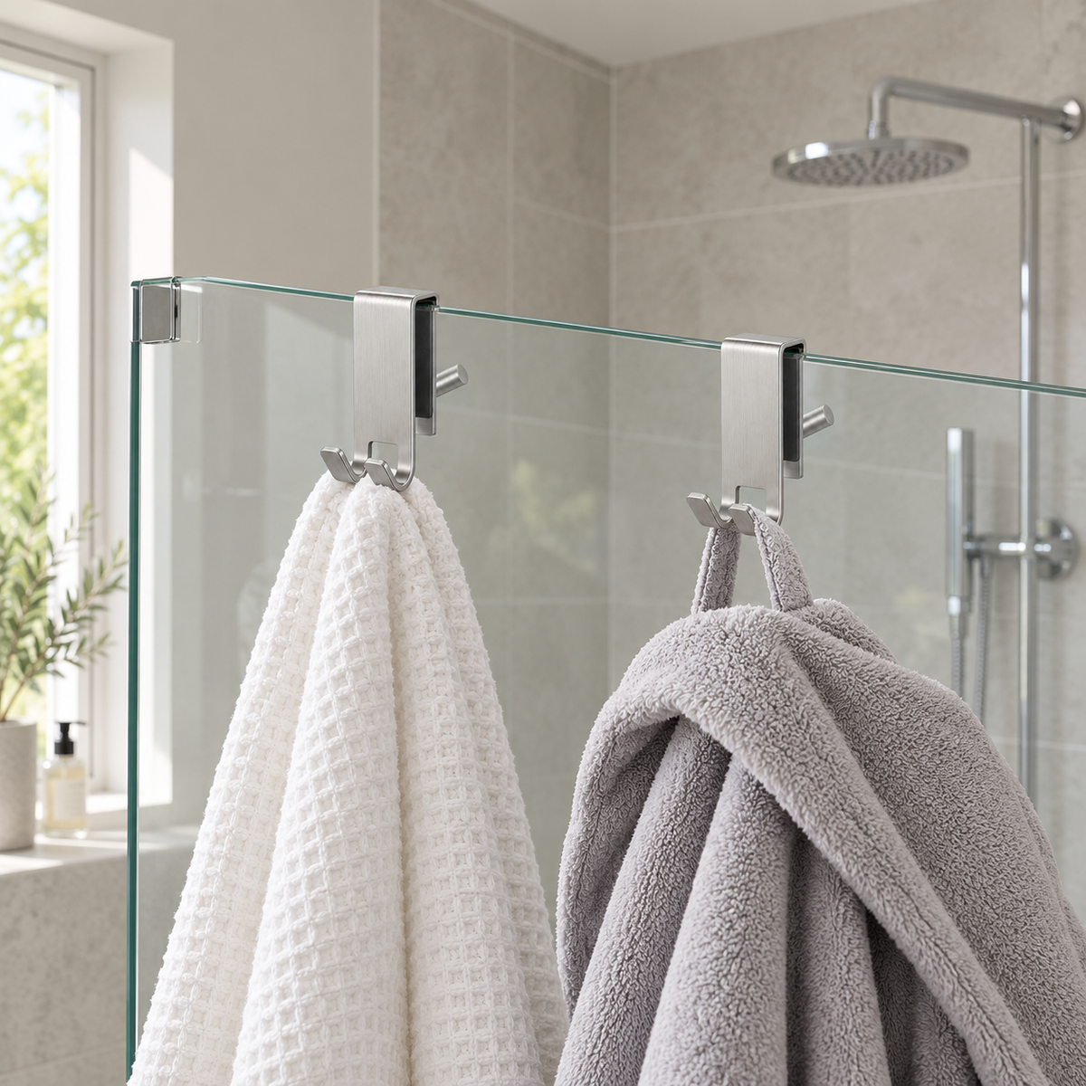 Two silver shower door hooks on a frameless glass shower screen holding a white waffle towel and a gray bathrobe