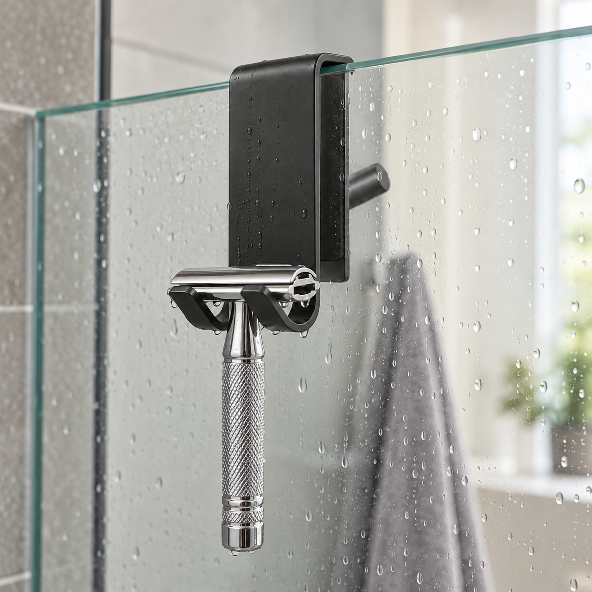 Black shower door hook inside a glass shower holding a safety razor across its two prongs