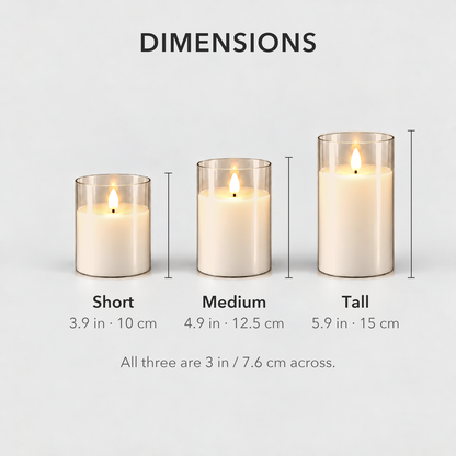 Dimensions of the three flameless candles: 3.9, 4.9 and 5.9 inches tall, all 3 inches across