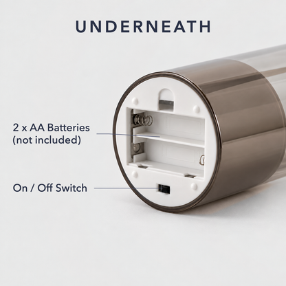 Underside of a flameless candle showing the battery compartment for two AA batteries and the on and off switch