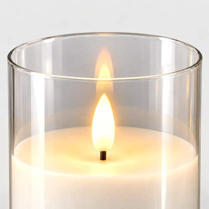 Close-up of the LED flame on its wick inside the clear glass sleeve