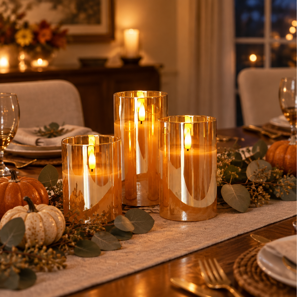 Amber glass flameless candles on a dining table runner in the evening