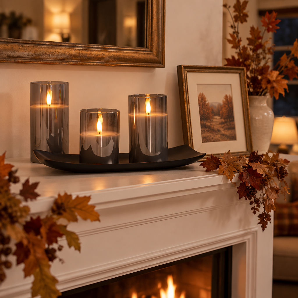 Smoked gray glass flameless candles on a black tray on a fireplace mantel