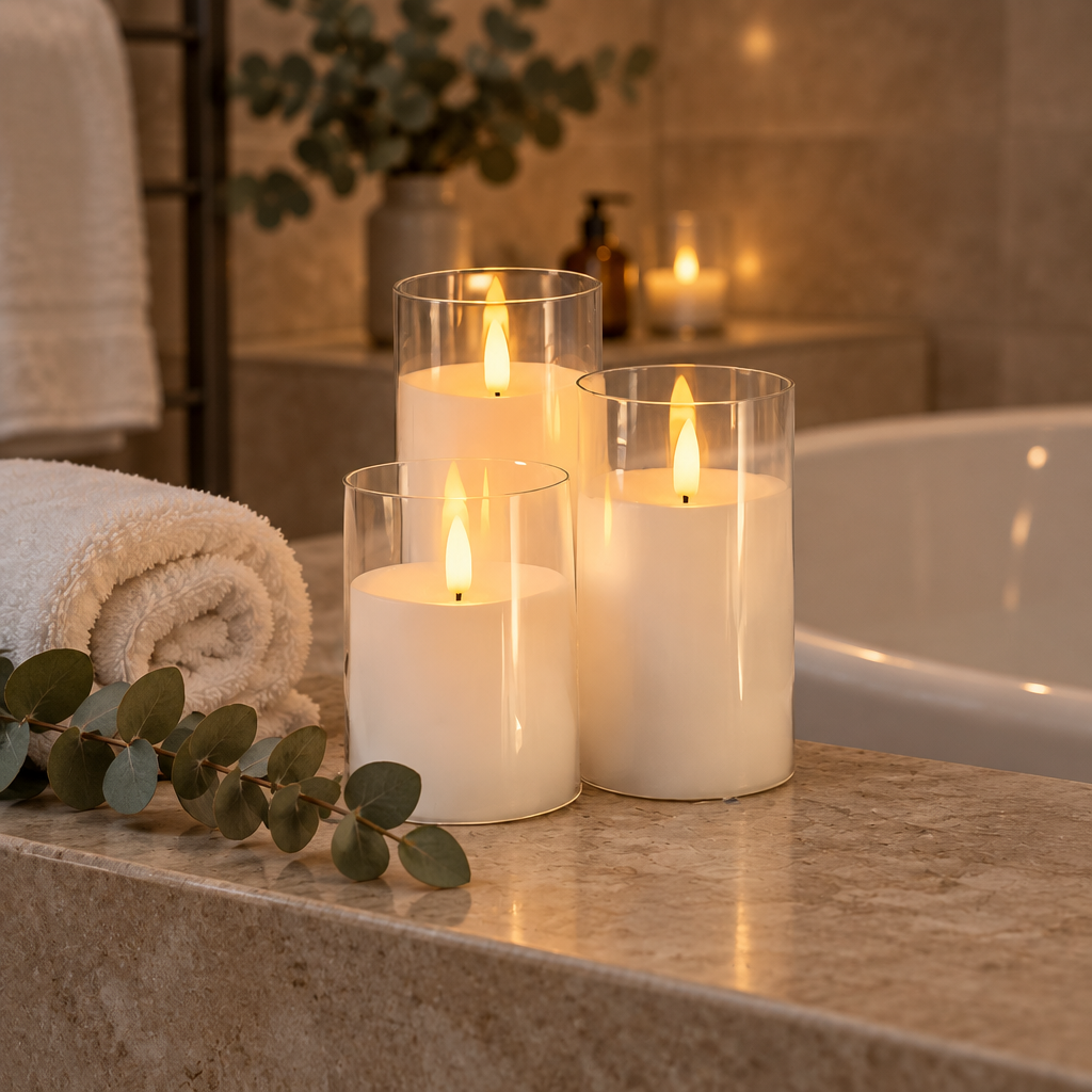 Clear glass flameless candles beside a bathtub with a rolled towel