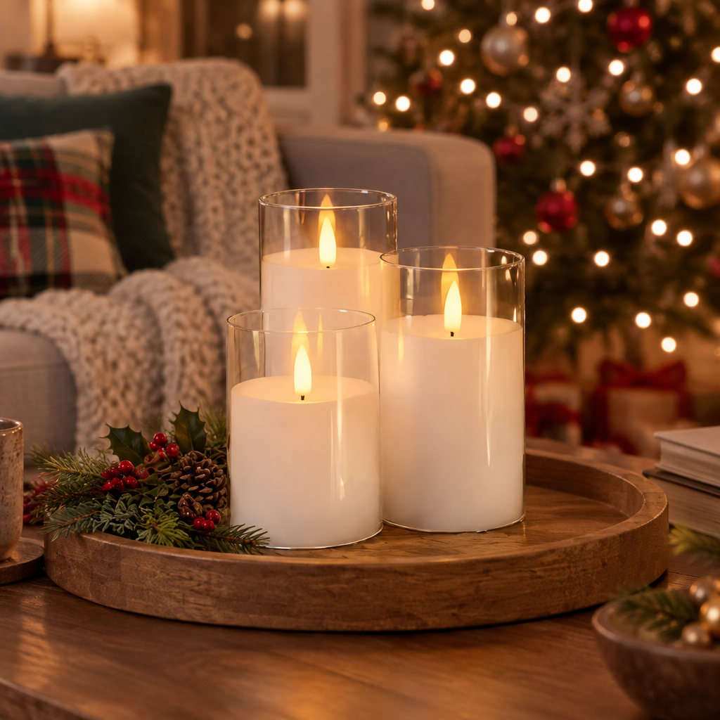 Clear glass flameless candles on a wooden tray in a living room at Christmas