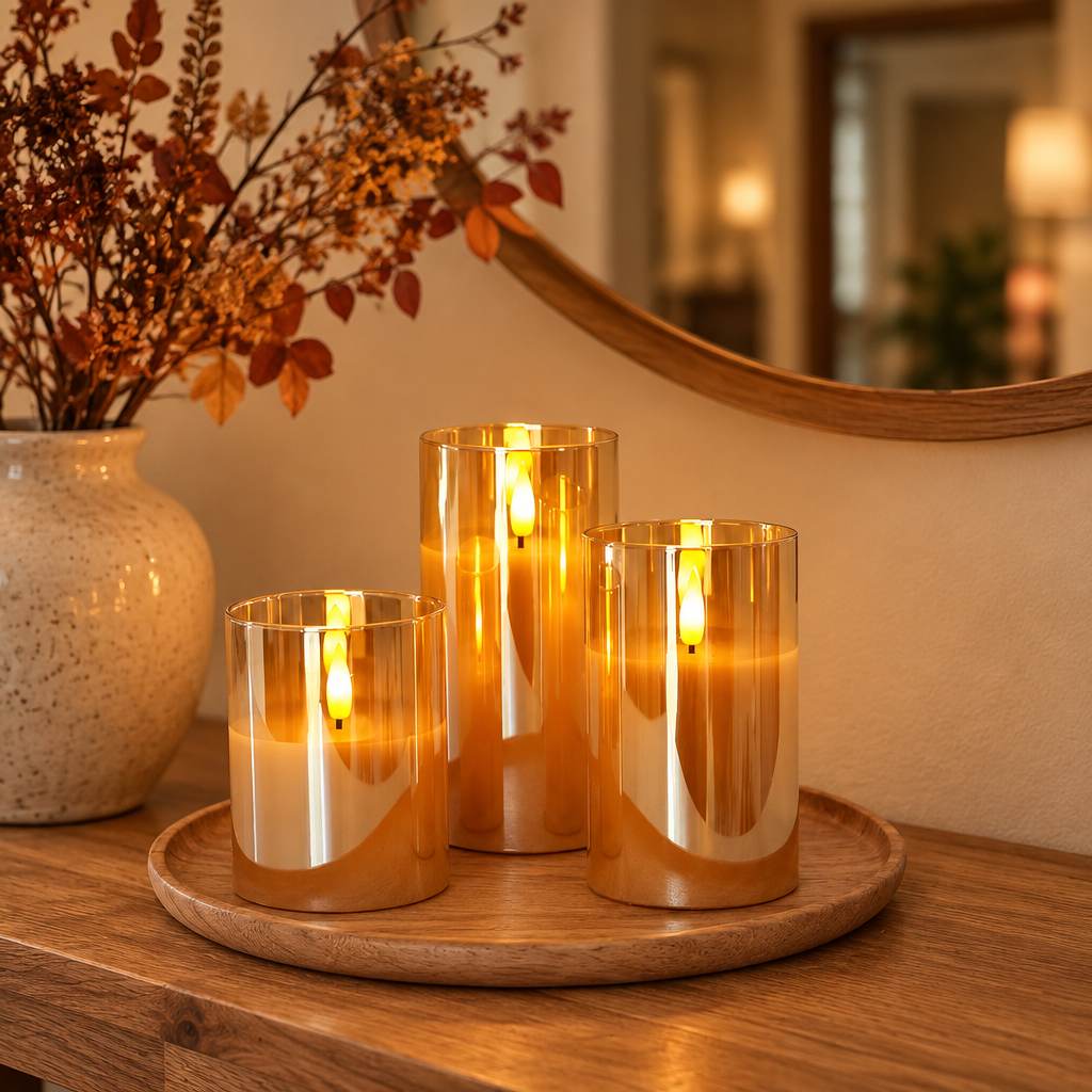 Amber glass flameless candles on a round wooden tray on a hall console
