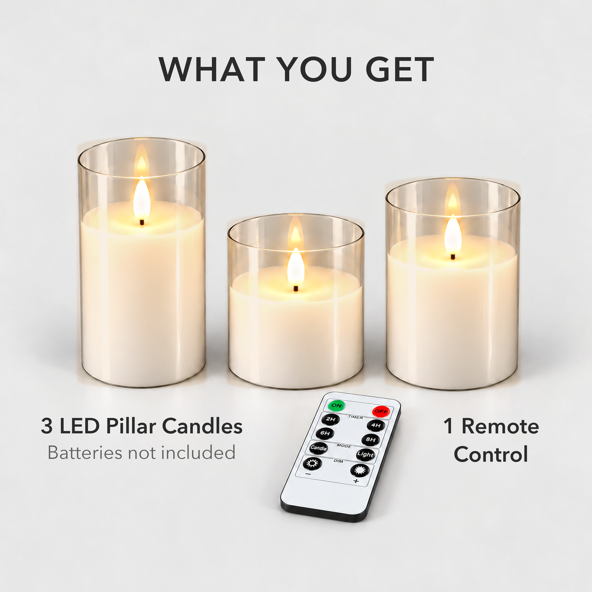 What you get: three flameless LED pillar candles in glass sleeves and one remote control