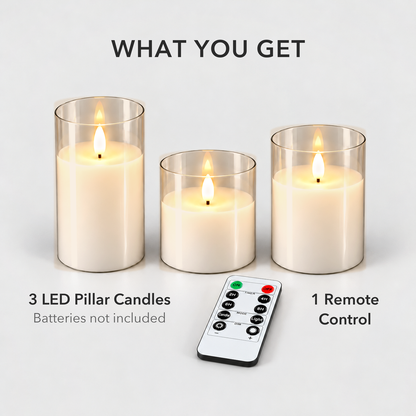 What you get: three flameless LED pillar candles in glass sleeves and one remote control