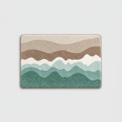 Sand wave pattern bath mat with cream, taupe, white and sea green bands, on a light gray background