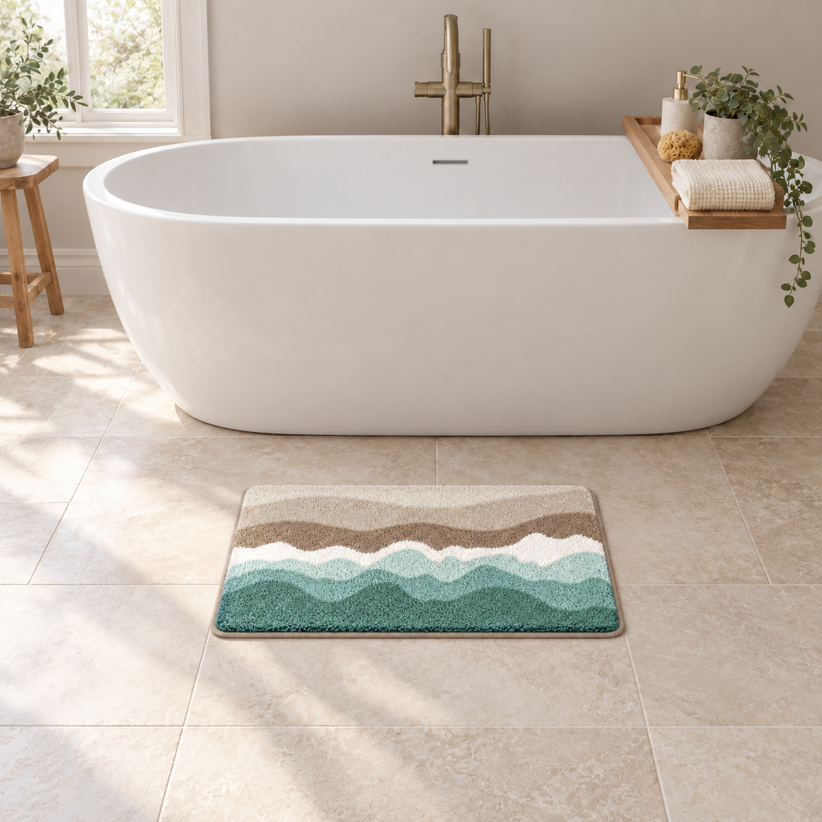 Sand wave bath mat beside a white freestanding bathtub on a pale stone floor