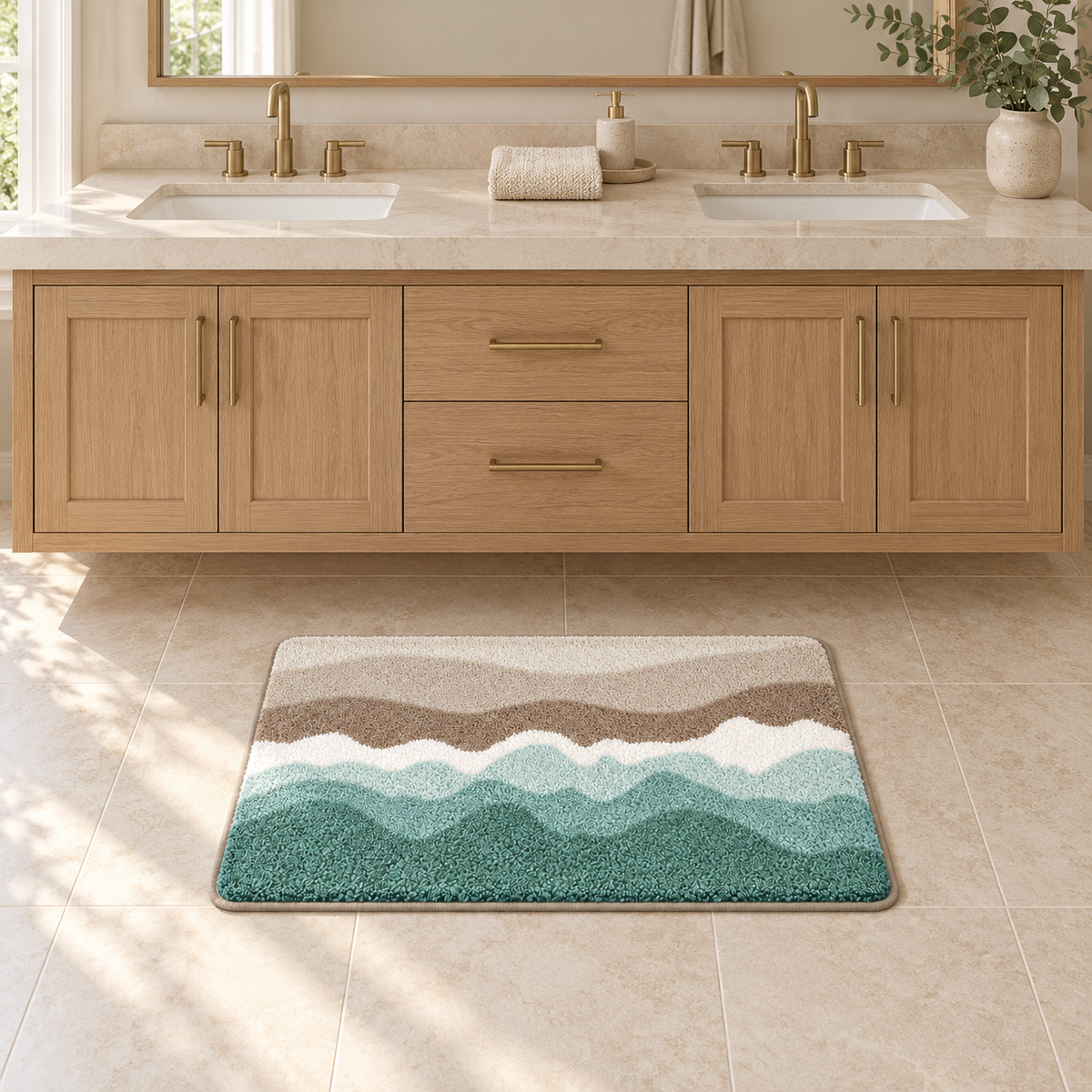 Large sand wave bath mat in front of an oak double vanity with brass taps