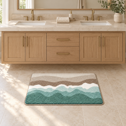 Large sand wave bath mat in front of an oak double vanity with brass taps