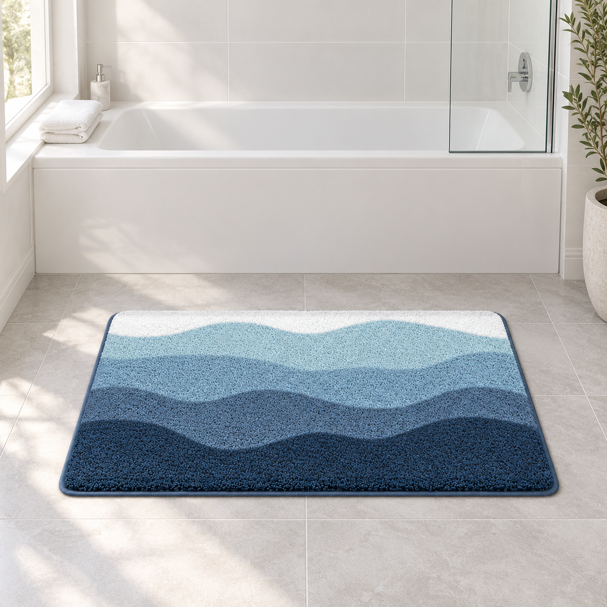 Extra large blue wave bath mat along a white bathtub in a white and chrome bathroom