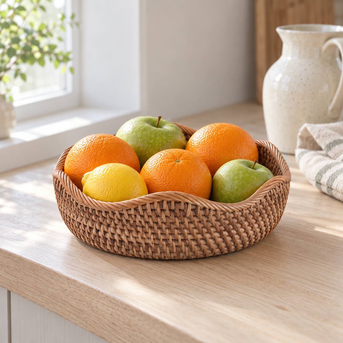 Shallow rattan basket with a wavy rim holding oranges, green apples and a lemon on a kitchen counter by a window