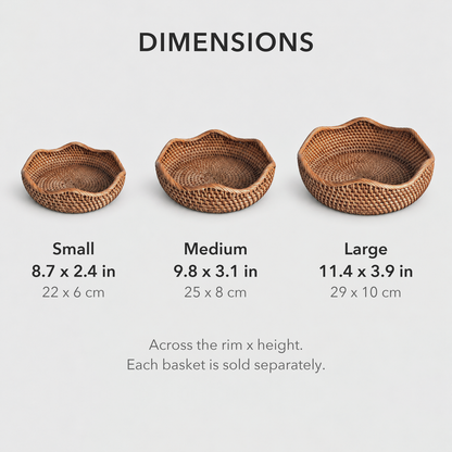 Dimensions of the three rattan basket sizes: Small 8.7 x 2.4 inches, Medium 9.8 x 3.1 inches and Large 11.4 x 3.9 inches, each sold separately
