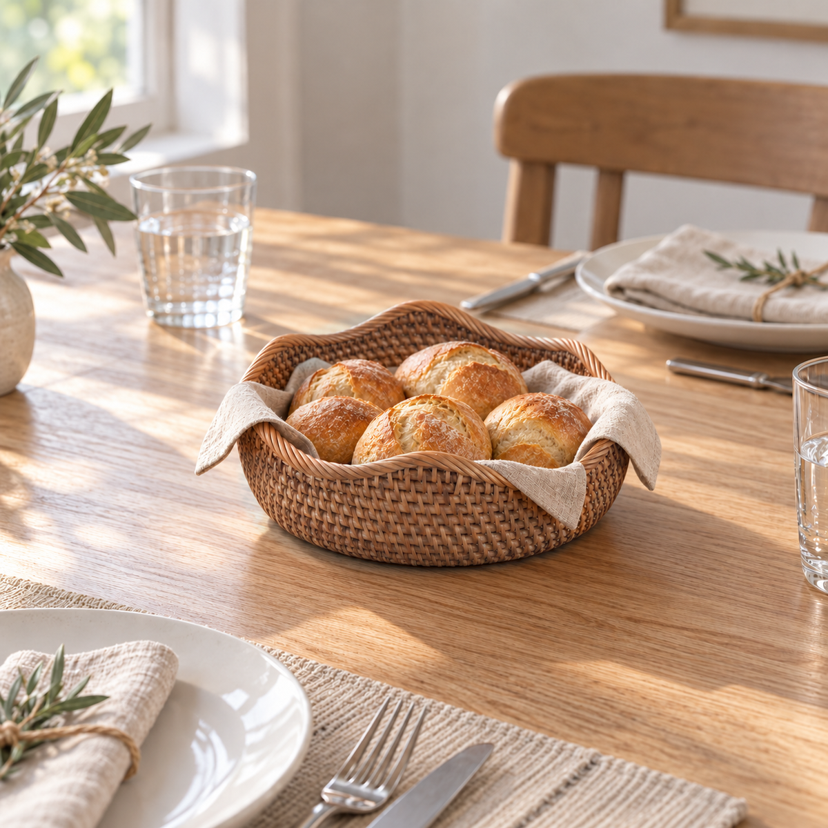Large wavy-rim rattan basket lined with a linen napkin and filled with bread rolls on an oak dining table