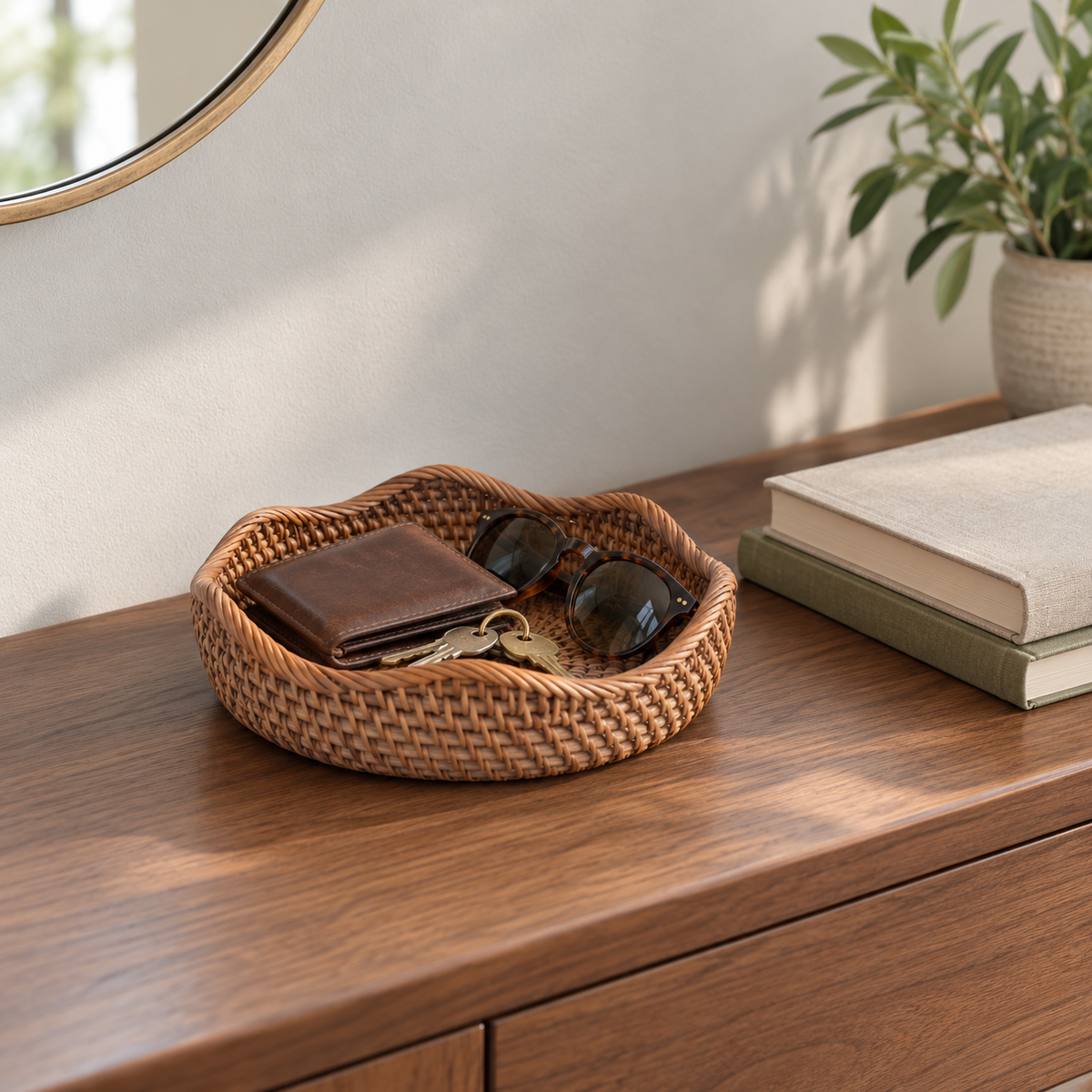 Small shallow rattan basket holding keys, a leather wallet and sunglasses on a walnut entry table