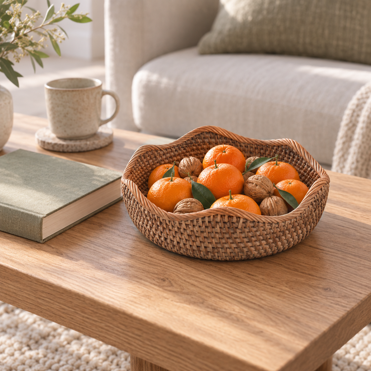 Rattan basket with a wavy rim holding mandarins and walnuts on a living room coffee table