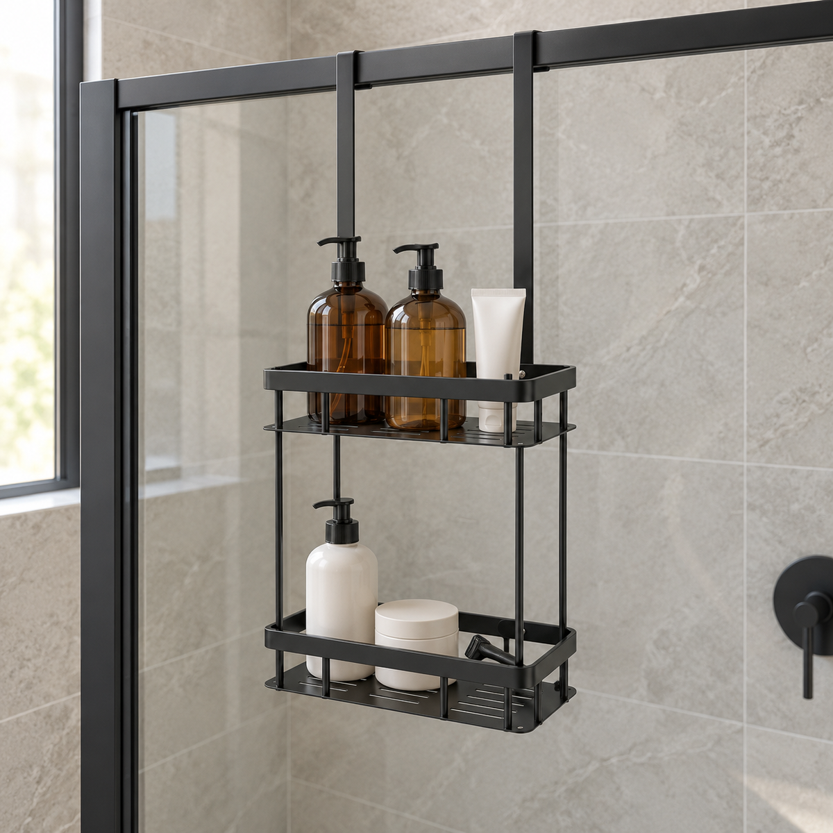 Black two-tier shower caddy hanging from the top of a glass shower door, holding shampoo, conditioner and body wash