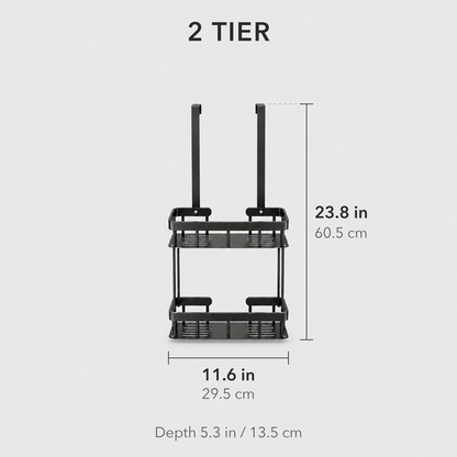 Dimensions of the 2 Tier shower caddy: 11.6 inches long and 23.8 inches tall, 5.3 inches deep