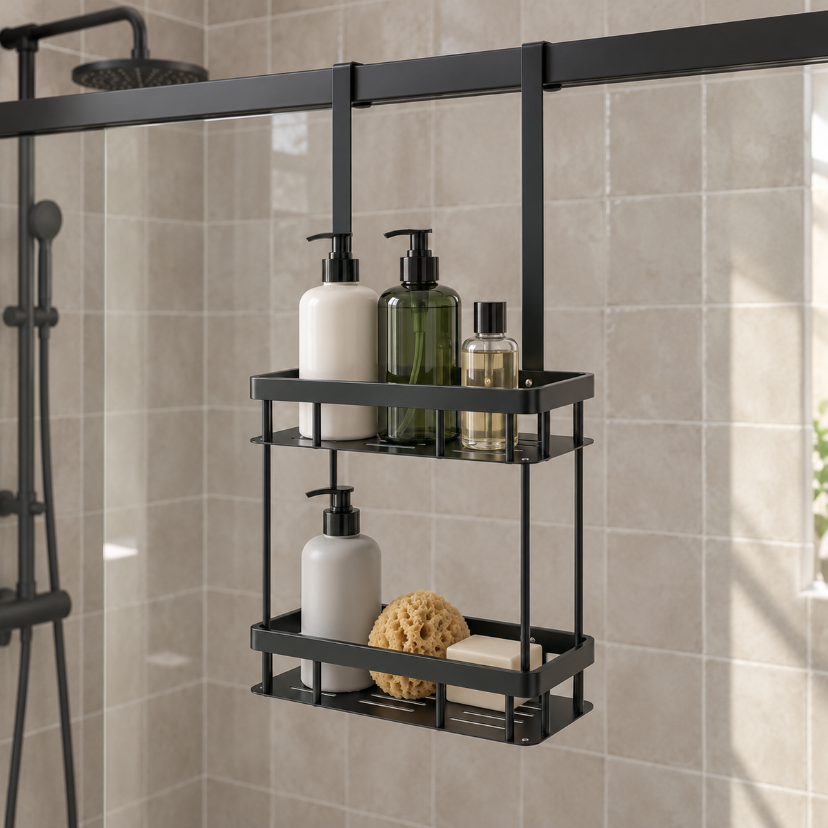 Two-tier black shower caddy hanging high on a black framed glass shower door in a soft gray tiled bathroom