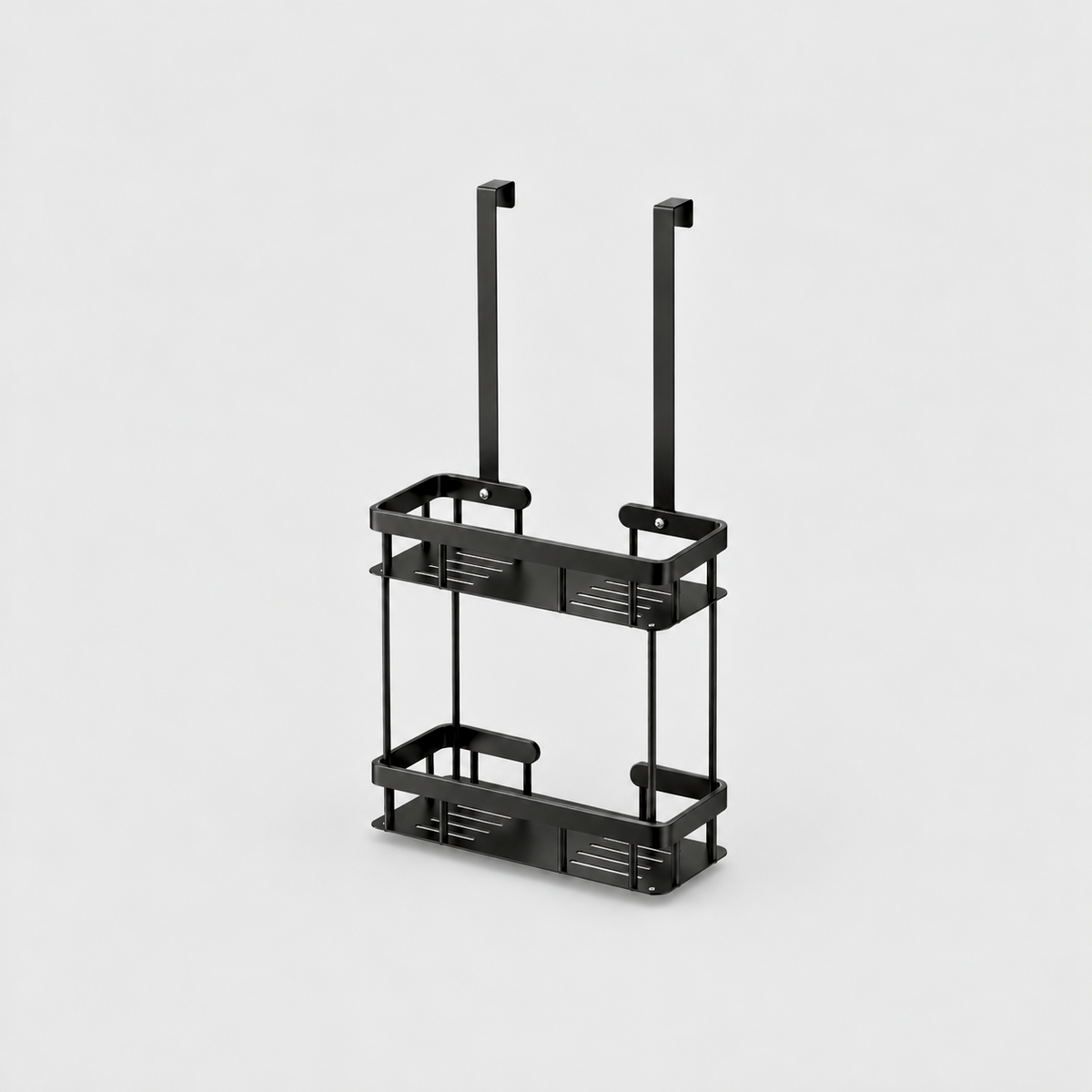 Black metal hanging shower caddy with two slotted baskets on four rods and two flat door hooks, on a light gray background