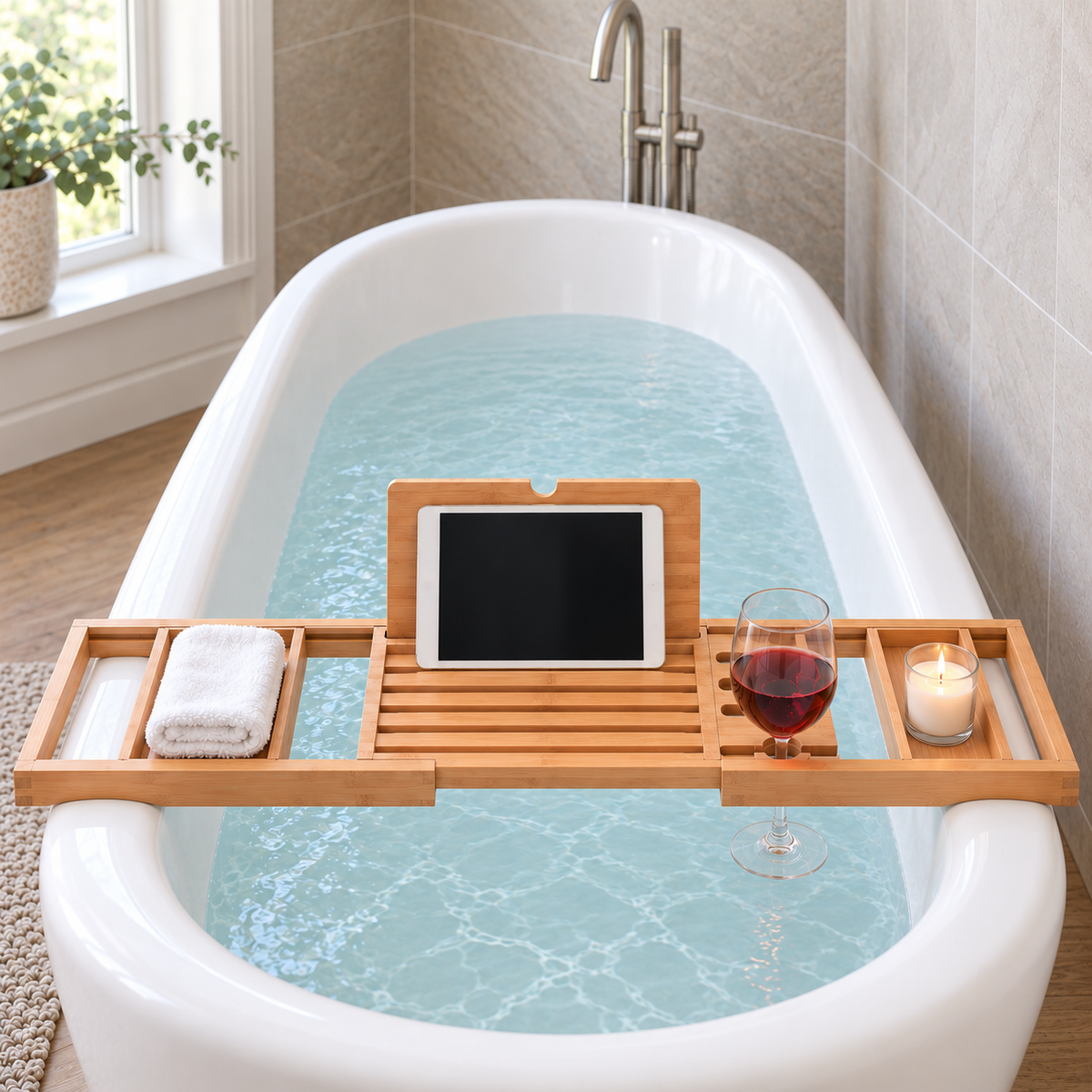 Bamboo bathtub tray extended straight across the end of a white freestanding tub, holding a tablet on its fold-up stand, a wine glass by its stem, a washcloth and a candle
