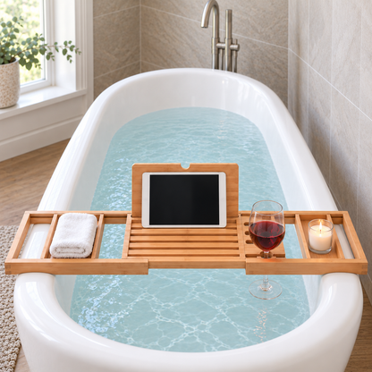 Bamboo bathtub tray extended straight across the end of a white freestanding tub, holding a tablet on its fold-up stand, a wine glass by its stem, a washcloth and a candle