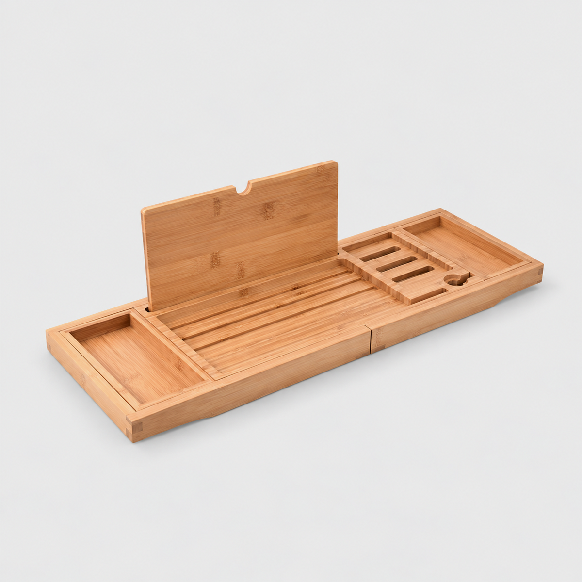 Bamboo bathtub tray closed to 23.6 inches with its tablet stand raised, showing the end trays, the three phone slots and the wine glass cut-out