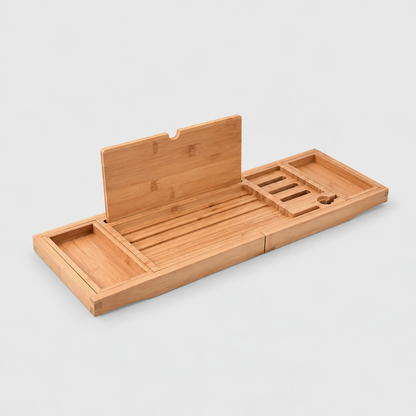 Bamboo bathtub tray closed to 23.6 inches with its tablet stand raised, showing the end trays, the three phone slots and the wine glass cut-out