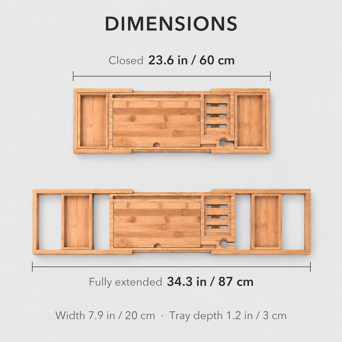 Dimension diagram titled Dimensions showing the bamboo tray closed at 23.6 in / 60 cm and fully extended at 34.3 in / 87 cm, 7.9 in / 20 cm wide and 1.2 in / 3 cm deep