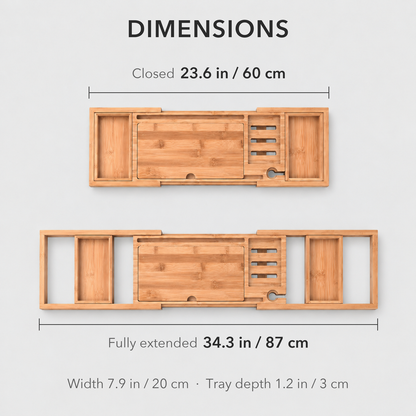 Dimension diagram titled Dimensions showing the bamboo tray closed at 23.6 in / 60 cm and fully extended at 34.3 in / 87 cm, 7.9 in / 20 cm wide and 1.2 in / 3 cm deep
